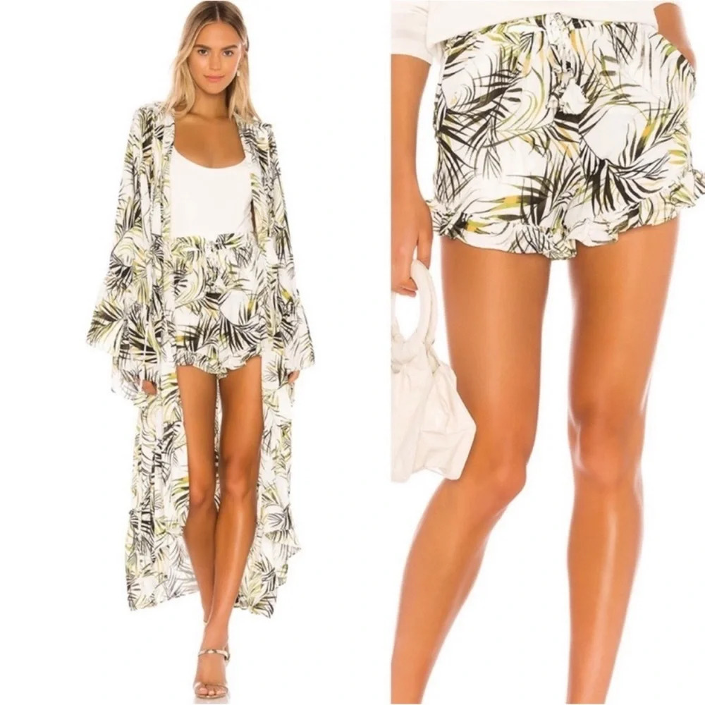Misa Los Angeles White Palm-Print Ruffle Waist Shorts
